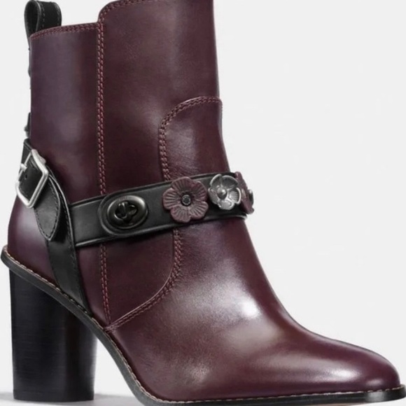 Coach Oxblood/Black Moto Bootie Heel with Floral Detail Tearose Womens Sz 9.5 - Picture 1 of 8